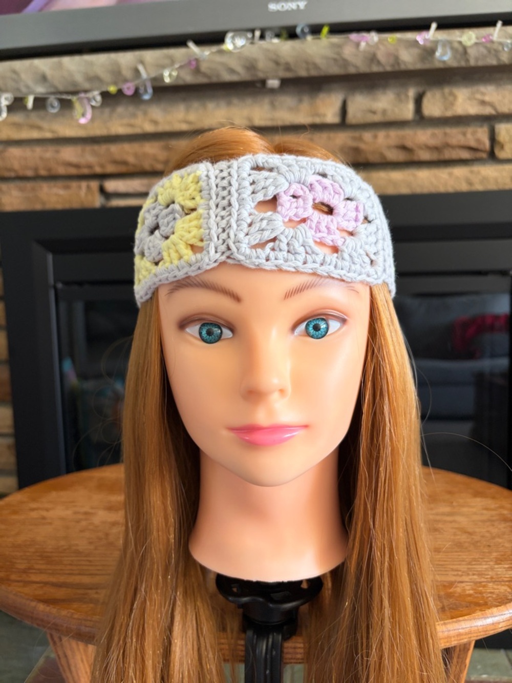 Handmade Crochet Hair Band in Light Gray with Pastel Accents
